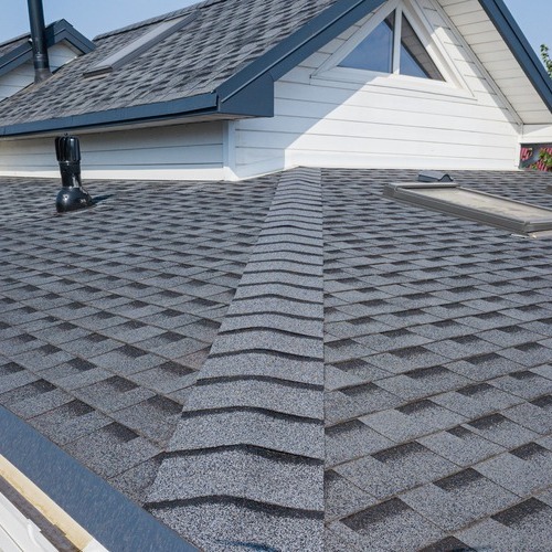 close-up of a gray asphalt shingle roof
