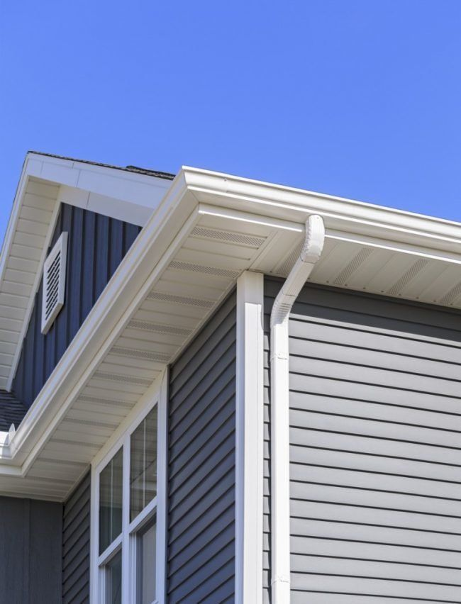 White seamless gutter and downspout on grey lap siding