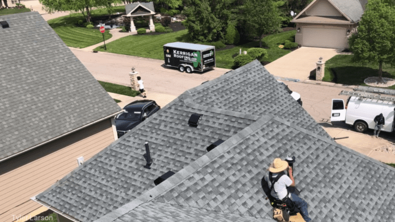 Aerial view of a shingle roof with a Kerrigan truck parked outside