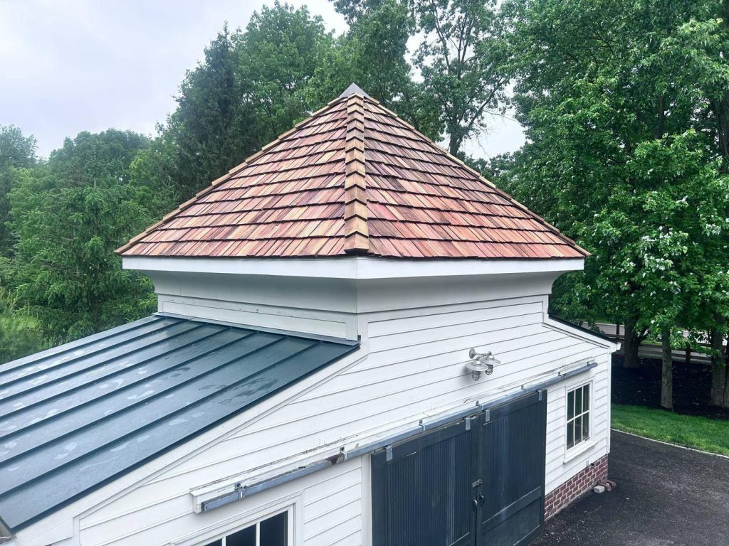 Close-up of natural cedar wood shake roofing