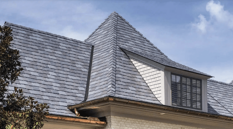 Close-up of DaVinci slate roofing tiles on a steep gable